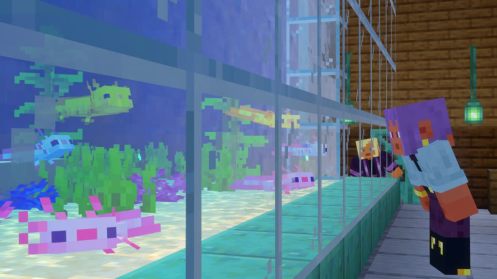  افه و کای به آکسولوتل‌های بچه داخل آکواریوم نگاه می‌کنند