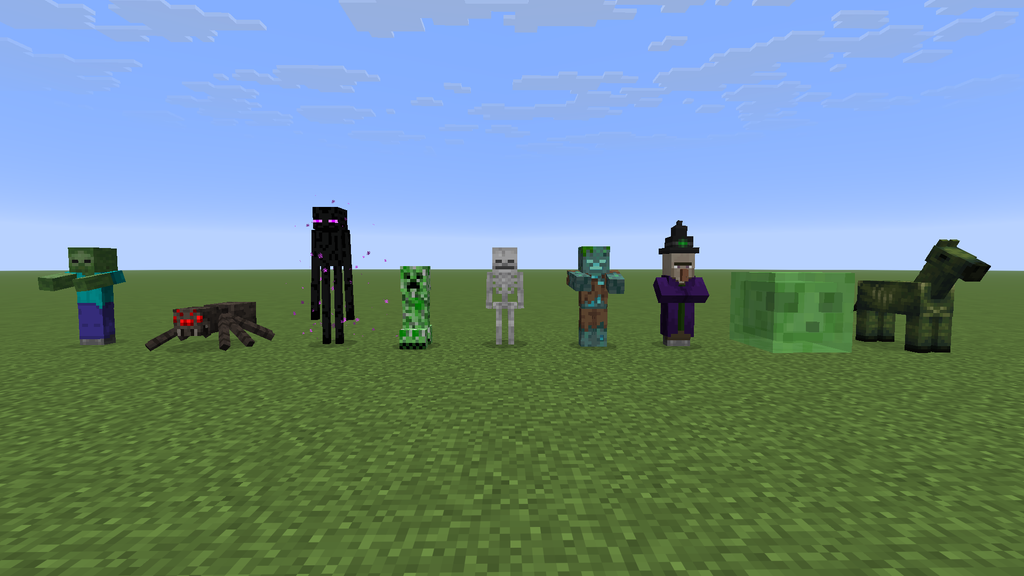 برخی از هیولاهای متعدد که می‌توانند در دنیای بالا (Overworld) اسپان (spawn) شوند. از چپ به راست: زامبی (zombie)، عنکبوت (spider)، اندرمن (enderman)، کریپر (creeper)، اسکلت (skeleton)، غرق‌شده (drowned)، جادوگر (witch)، اسلایم (slime) و اسب زامبی (zombie horse).